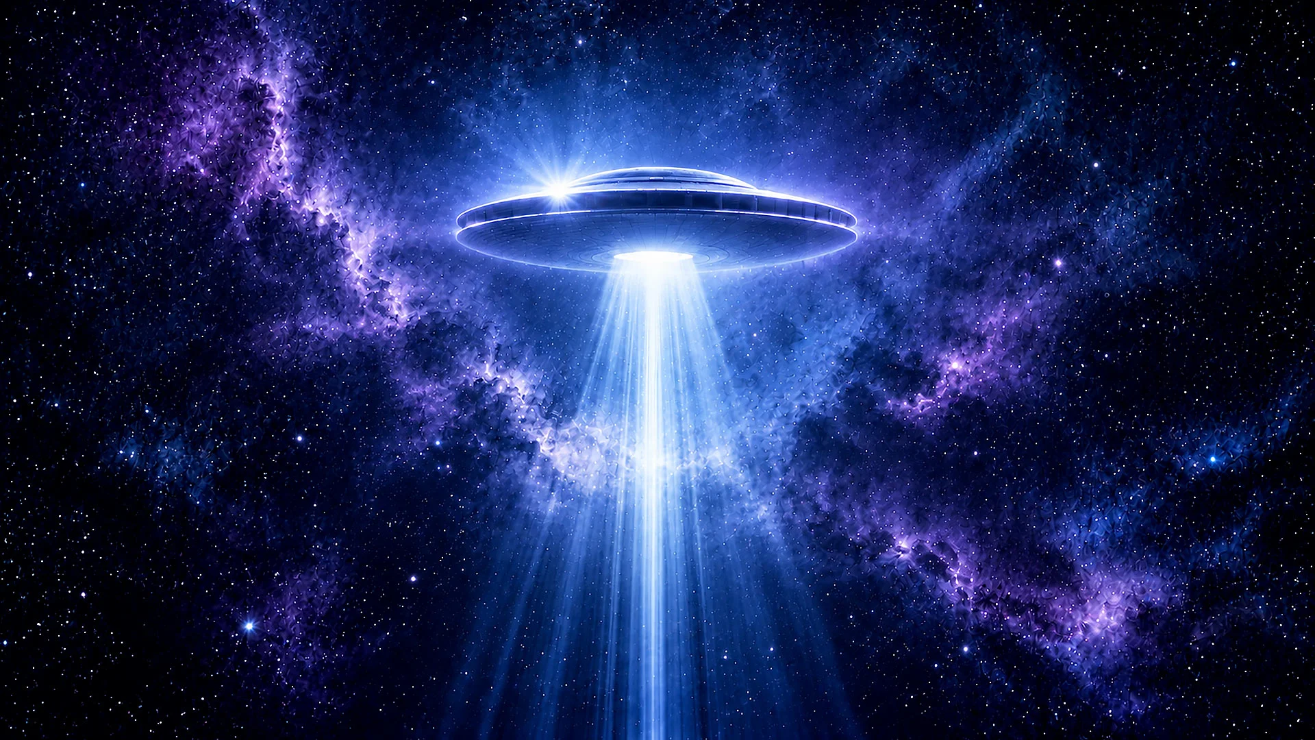 Disco volante avvolto da un fascio di luce blu nel cosmo